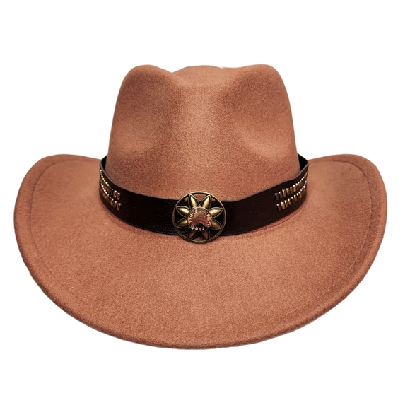 Tan Premium Felt Fedora Hat w/Removable Hat Band Adorned w/LV Embossed Button - Picture 3 of 9